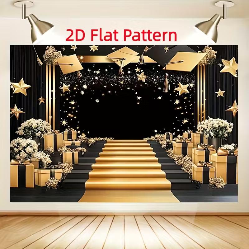 2D Elegant Graduation Backdrop, Black Gold Theme with Golden Stairs for Prom and Events
