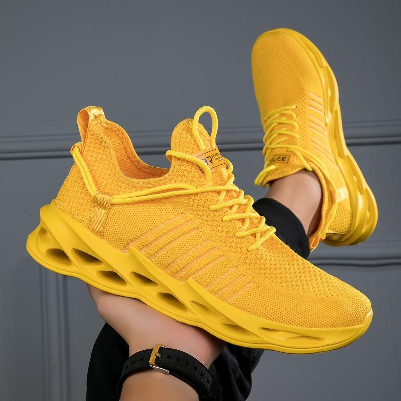Men Breathable Knit Blade Sneakers for Men Women Lightweight Non-Slip Walking Shoes with Contrast Yellow Laces