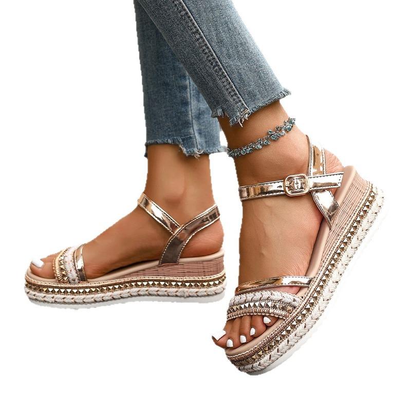 Damen Peep-Toe Riemchensandalen mit Keilabsatz, Dicke Sohle, Lässige Sommerbekleidung