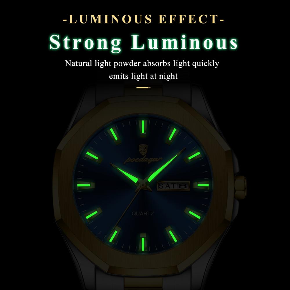 Dvojité kalendářové osmiboké hodinky z nerezové oceli Pánské luxusní vodotěsné svítící obchodní křemenné hodinky vhodné pro každodenní podnikání