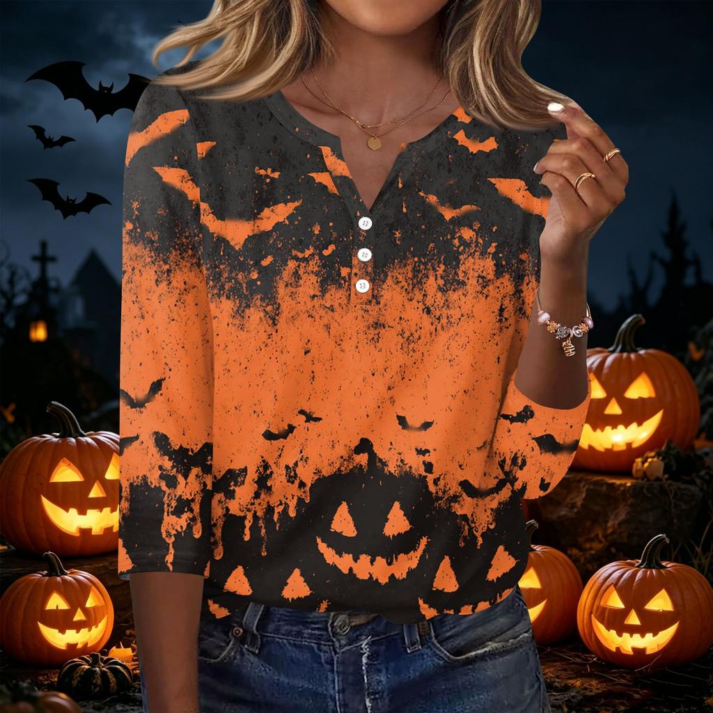 Women's Casual Halloween Print V Neck Button Front Three Quarter Sleeve T Shirt Top Lightweight Comfortable Fall Shirt