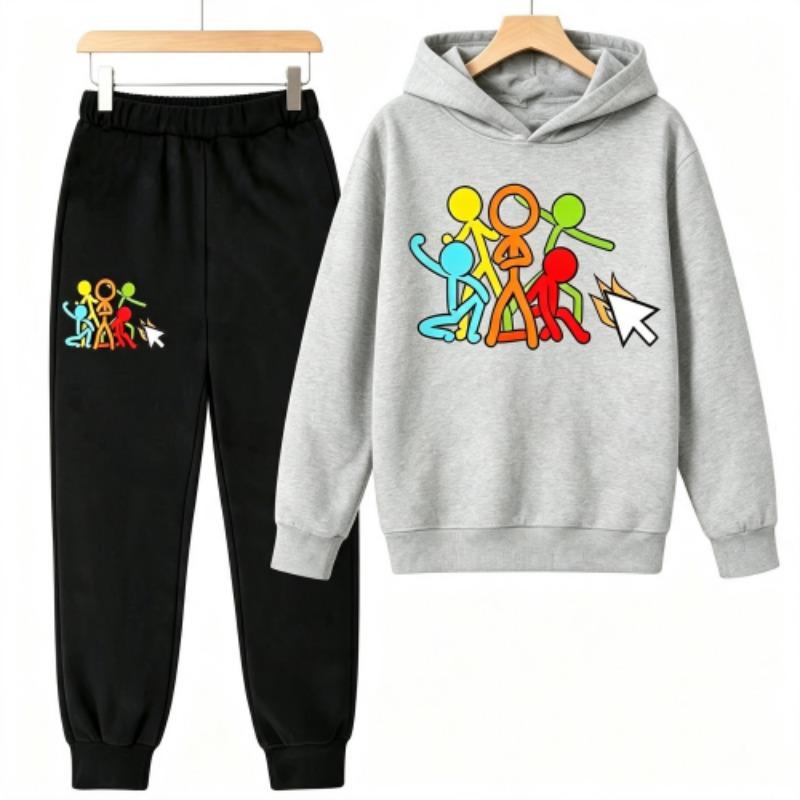 Creative Character Actions Print Kids Pullovers Pants 2-piece Set Street Casual Fashion Hoodies Vintage Boy's Girl Clothes