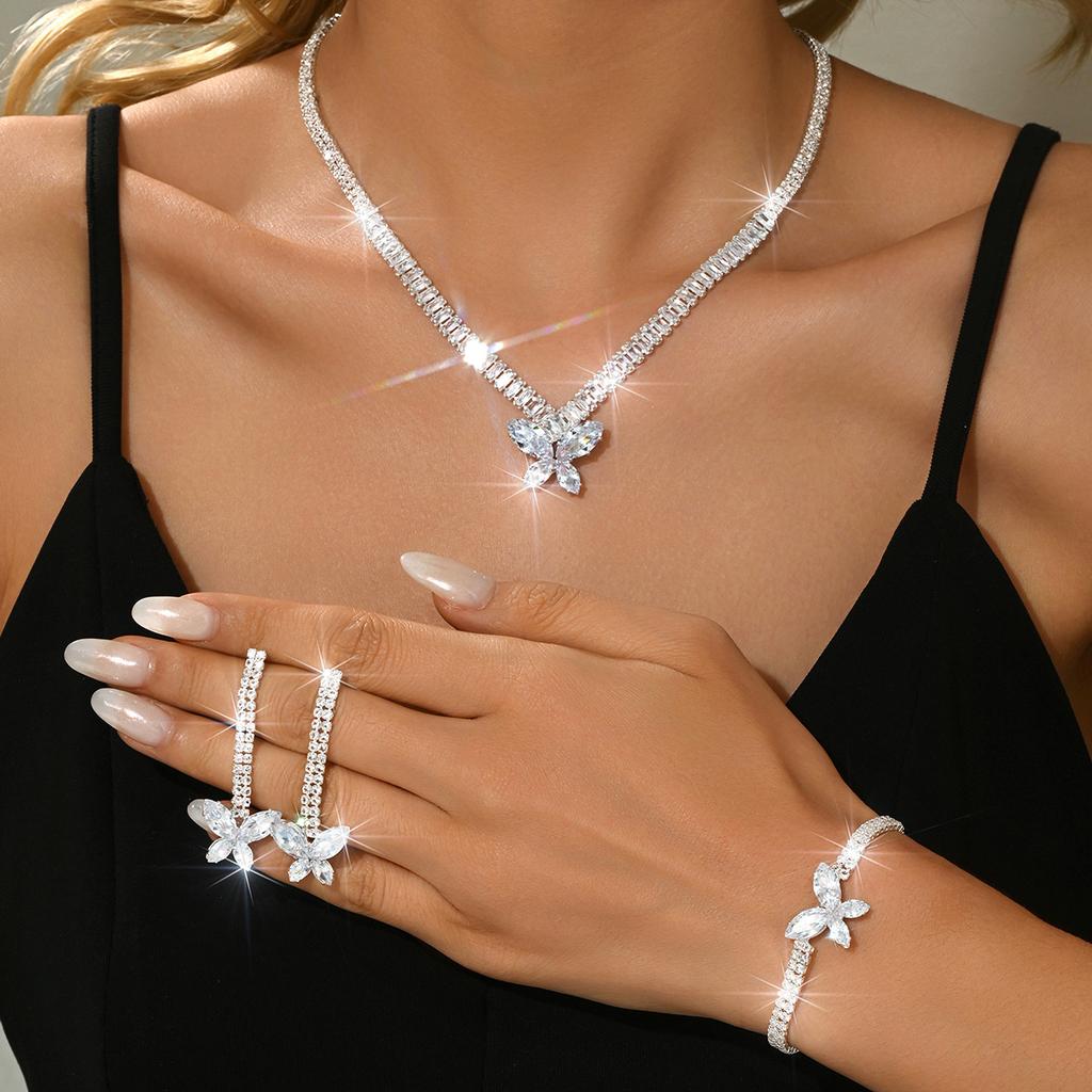 Set Niche Butterfly Zircon Wedding Necklace Bridal Earrings Jewelry Banquet Jewelry Collarbone Chain Women