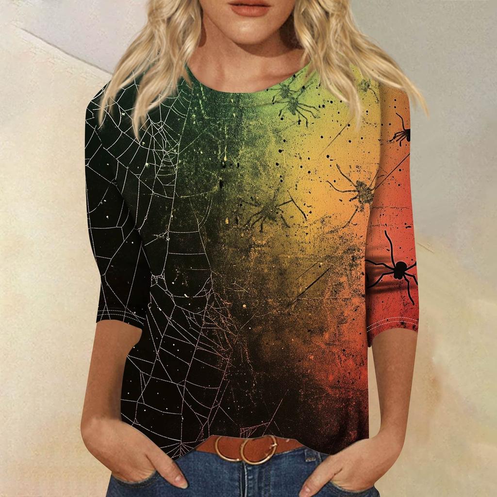 Women's Fashion Casual Round Neck 3/4 Sleeve Loose Printed T-Shirt Ladies Top