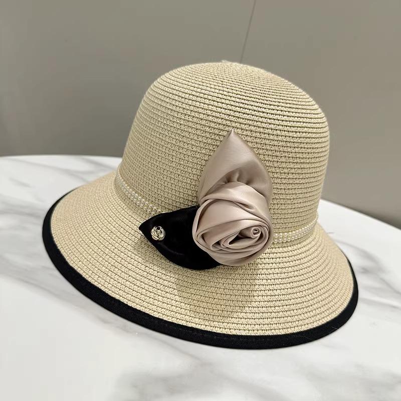 Vintage Rose Pearl Decorative Bucket Hat Women's Summer Sunshade Sunscreen Hepburn Style Straw Hat Bowler Hat