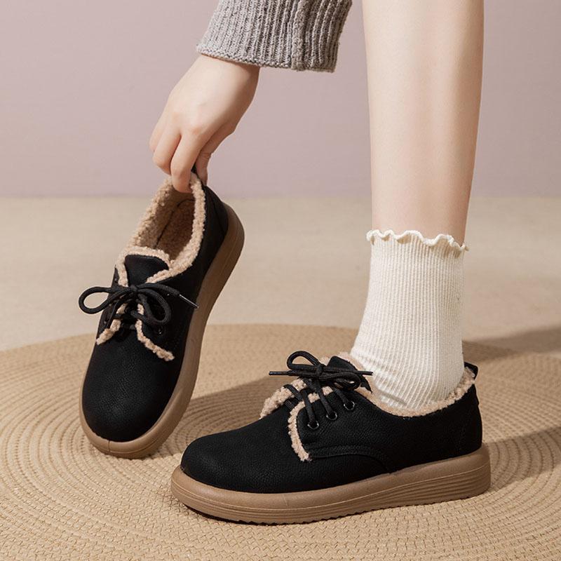 New Genuine Leather Shoes for Women Lace-up Platform Casual Shoes Winter Plush Flat Heel Women's Boots Zapatos De Mujer WSH5236