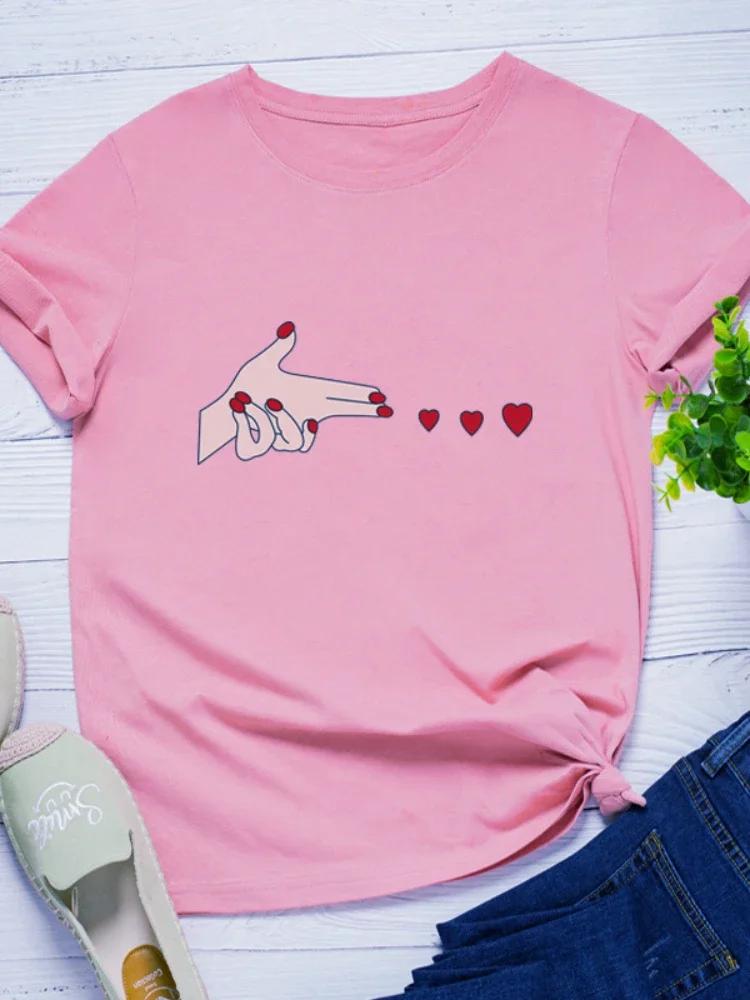 Finger Heart Print Women T Shirt Short Sleeve O Neck Loose Women Tshirt Ladies Tee Shirt Tops Clothes Camisetas Mujer
