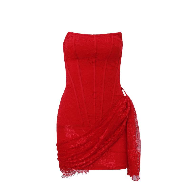Autumn new women's clothing sexy lace mesh one-word shoulder tube top micro-transparent slim dress women