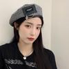 Japanese Houndstooth Stylish Beret Hat For Women With Unique Metal Patch
