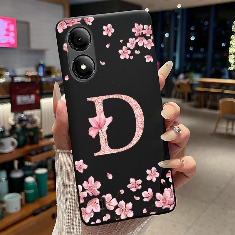 

Black Case For ZTE Blade A33S Fundas Beautiful Flower Printing Initial Letters Phone Casing Soft Silicone Protective Back Cover ZTE Blade A33s