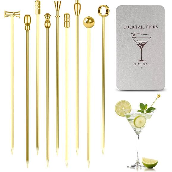Metal Martini Cocktail Picks 9 Pcs, 4.1 in Olive Skewers Stainless Steel, Martini Garnish Sticks Reble, Metal Toothpicks for Drinks, Appetizers, Bar