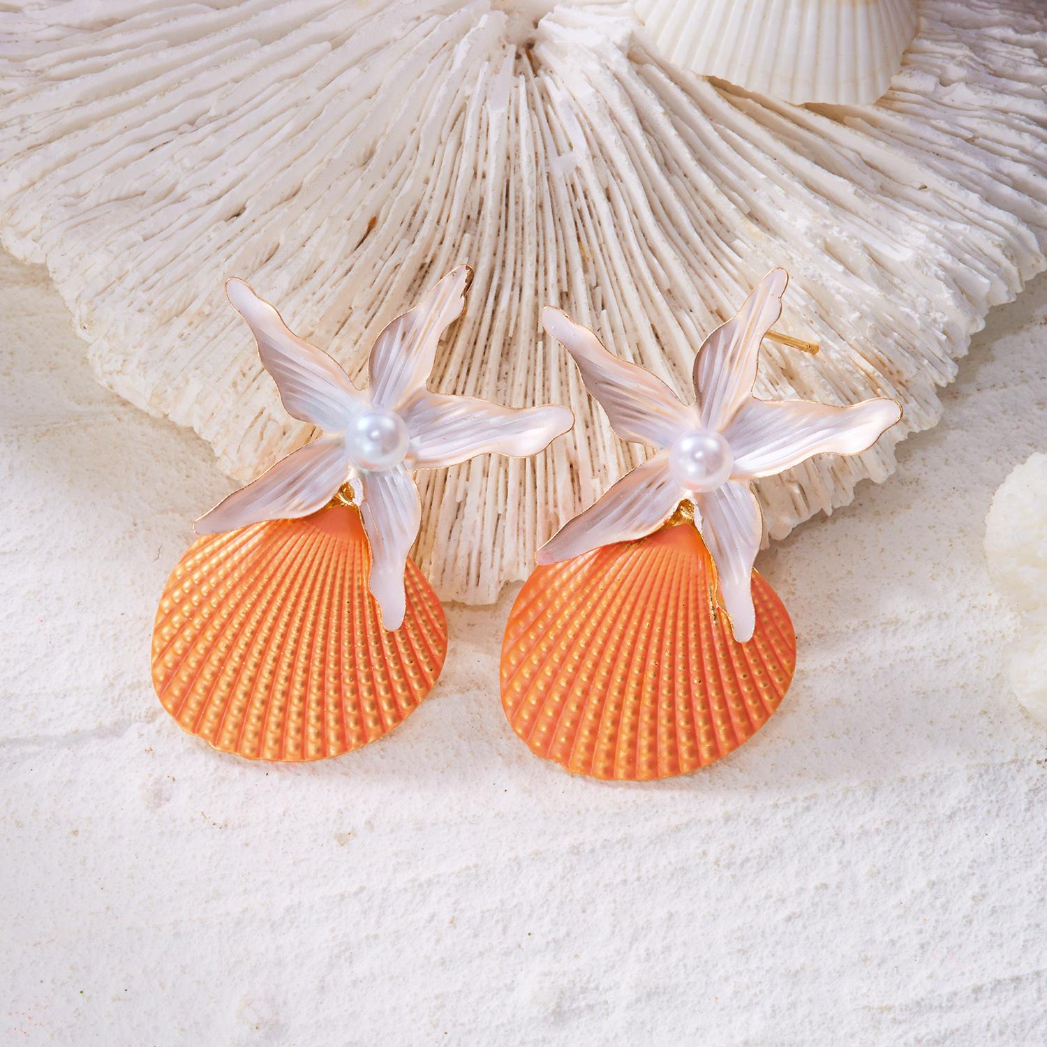 Starfish Shell Imitation Pearl Earrings Ocean Style Summer Beach Vacation Accessory Fashion Trend Daily Accessory