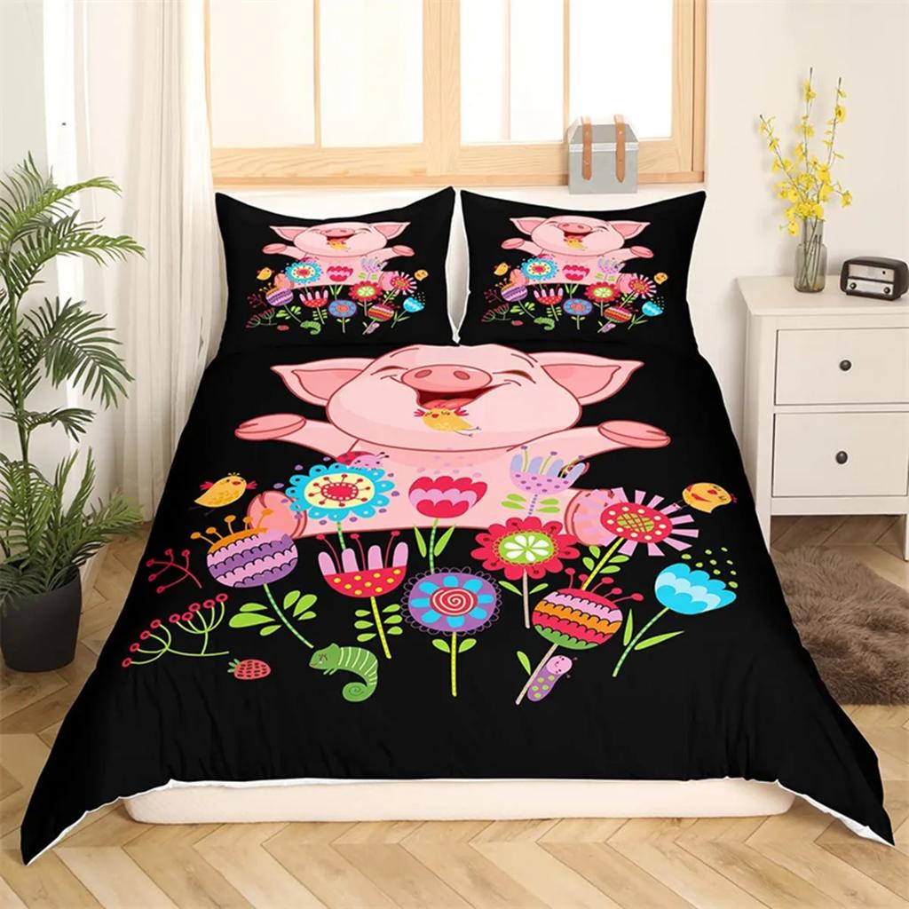 Comforter Cartoon Cute Pink Pig For Children Boys Girls Microfiber Pigs Floral Cartoon Farm Animals Theme Bedroom Decorations