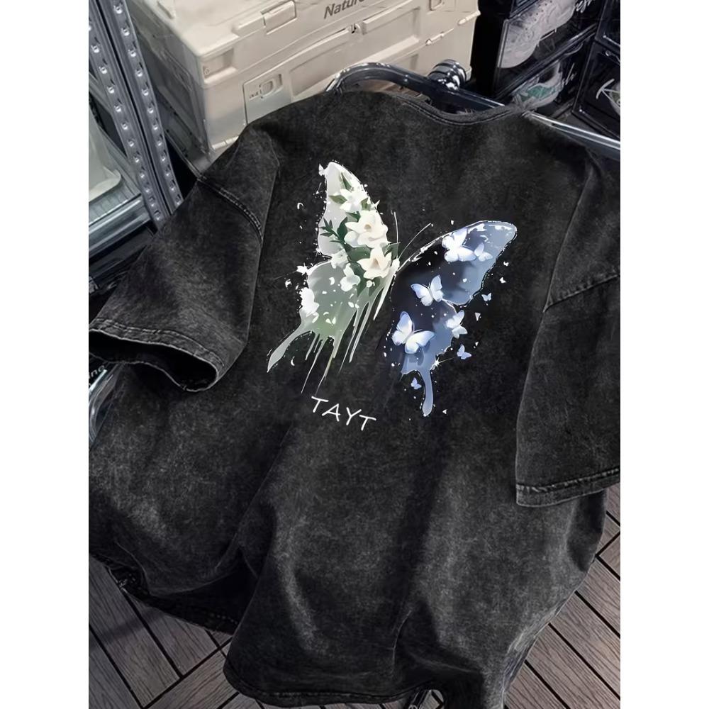 T-shirt in Cotone Lavato con Stampa di Farfalle Grafica Astratta Retro Blu Petrolio Vestibilità Larga Manica Corta per Streetwear Abbigliamento Quotidiano