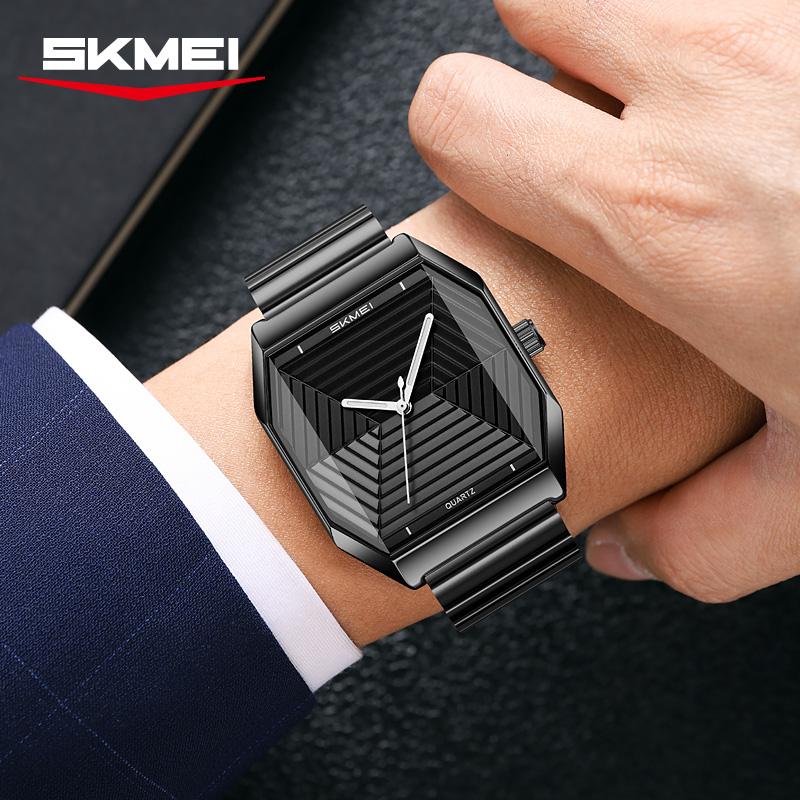 Skmei 9393 Unique Famous Mens Quartz Watch Stylish Stainless Steel Band Square Special Design Casual Wrist Watch
