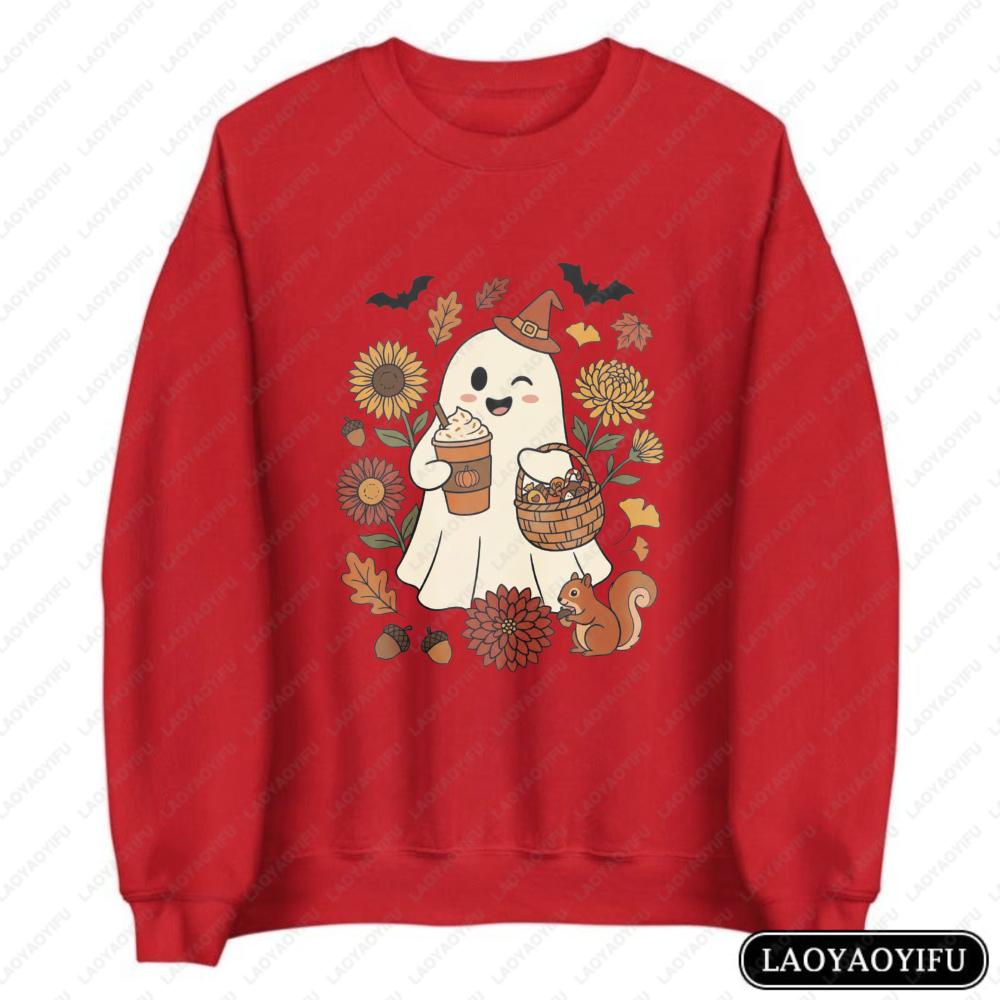 Cute Ghost Pumpkin Spice Latte Pullovers Cozy Halloween Sweatshirt Retro Fall Season Hoodie Autumn Sunflowers Spooky Season Gift