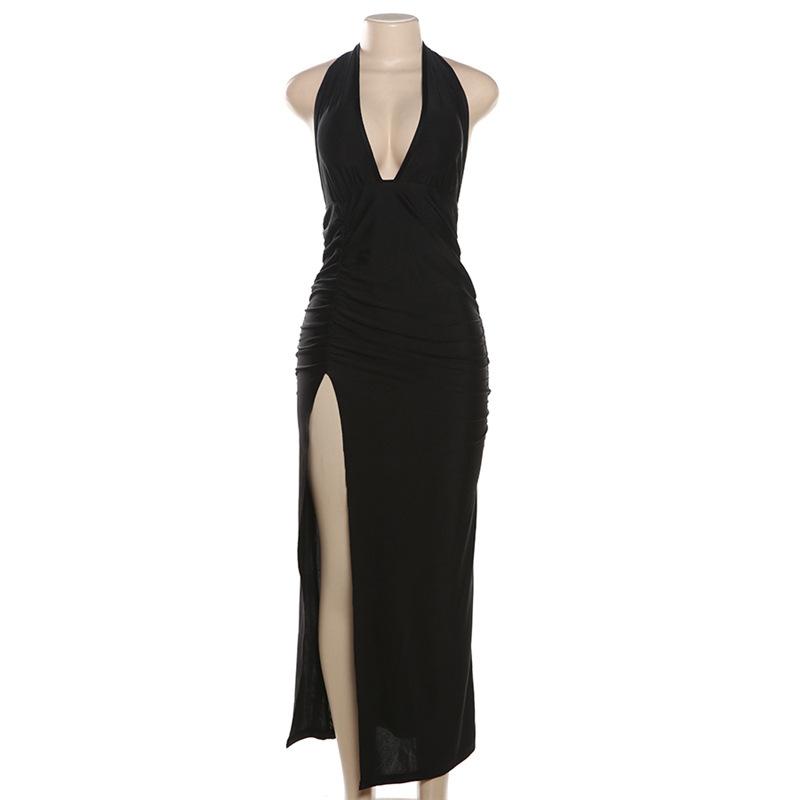 

2026 Summer New Style Unique Deep V Sexy Sleeveless Halter Neck High Waist Slit Dress S чёрный