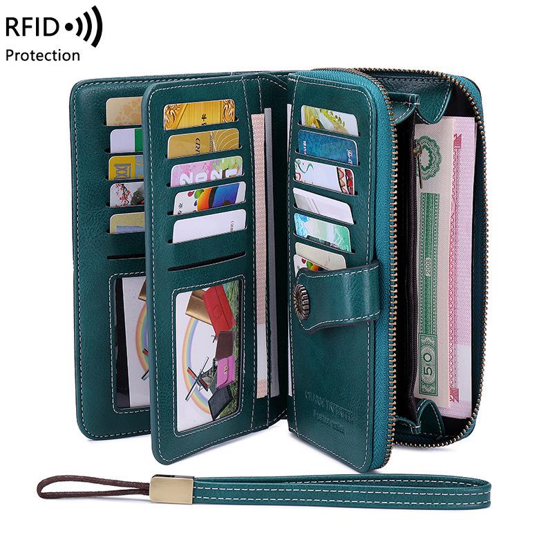 RFID-Blocking Women's Long Zipper Wallet: Large Capacity European & American Style