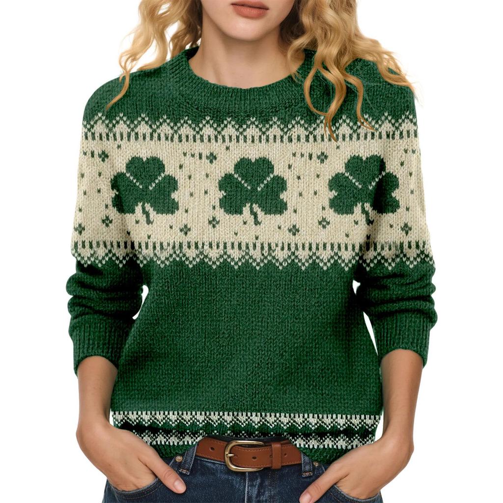 LXF-YT52 Saint Patrick's Day Fair Isle Pullover Sweater - Long Sleeve, Spring and Autumn Fashion.