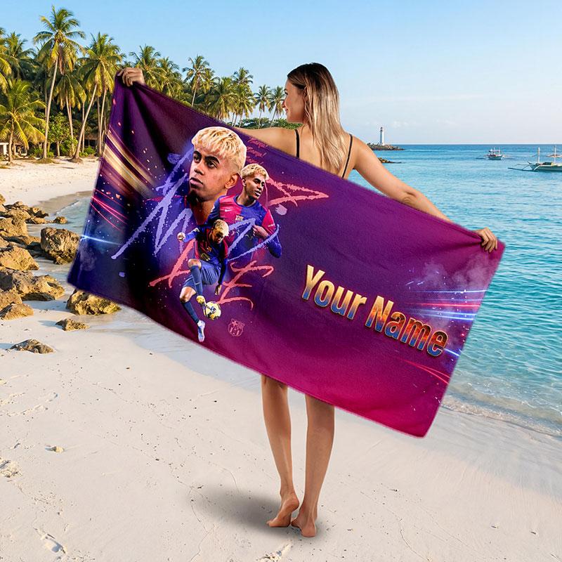Asciugamano da Spiaggia Personalizzato Lamine Yamal, Stampa Testo Nome Personalizzato, Asciugamano Morbido ad Asciugatura Rapida con Logo Calcio, Regalo per le Vacanze