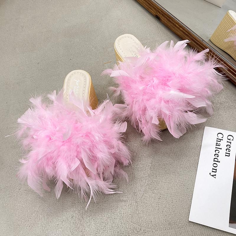 Fashion Aphixta New 7CM Wedge Heel Slides Colorful Real Fur Women Slippers Furry Summer Shoes Platform Hair Slides Big Size 43 Sandals