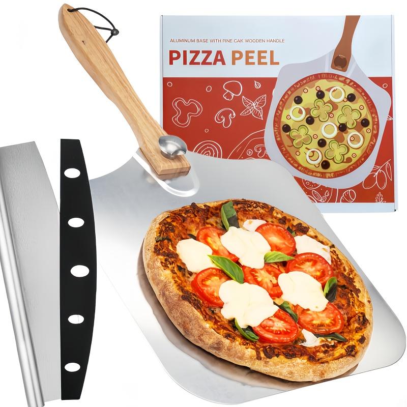 Pizza Shovel Aluminum Pizza Scraper 12inch Metal Pizza Spatula(12"x14") With a Swing Cutter and a Foldable Wooden Handle Suitable for Baking