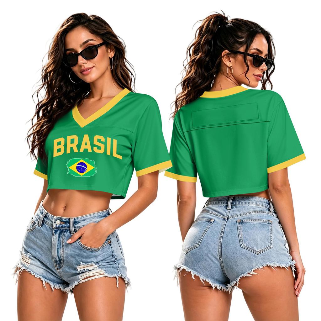 Crop Top Femme Col en V Manches Courtes Imprimé USA Coupe Ample T-shirt pour Événements Sportifs et Usage Quotidien Tissu Confortable