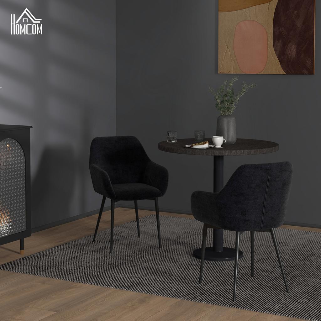 Set of 2 Modern Dining Room Chairs with Armrests, Padded Seat and Steel Legs, 54x57x80cm, Black