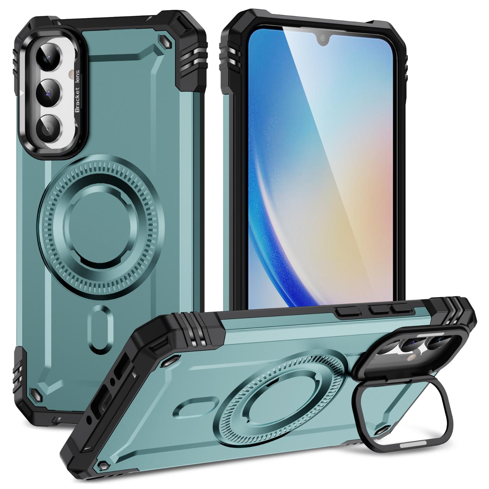 

For Samsung Galaxy A55 5G Case Compatible with MagSafe Metal Lens Frame Kickstand PC+TPU Mobile Cover Grey Green