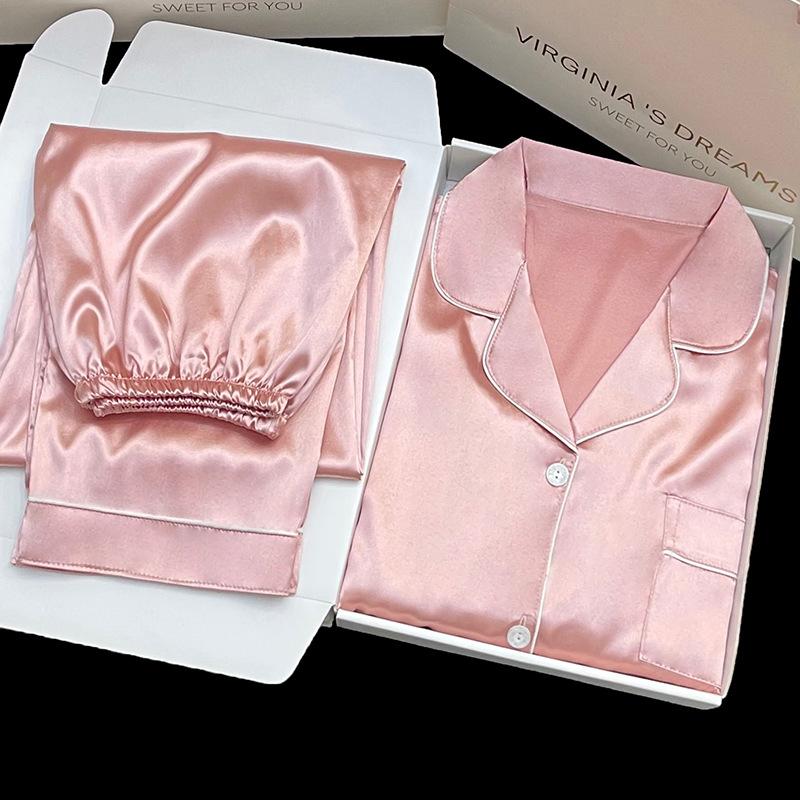 Spring Long-Sleeved Ice Silk Thin Loungewear Set Summer Simple Casual Pajamas Women M