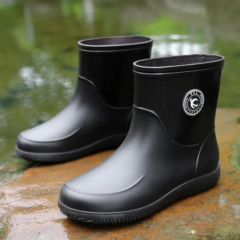 Large Size Men's Rain Boots Fashionable Adult Waterproof Fleece Lined Anti-slip Mid-calf Booties Outdoor Wearable Couples Shoes