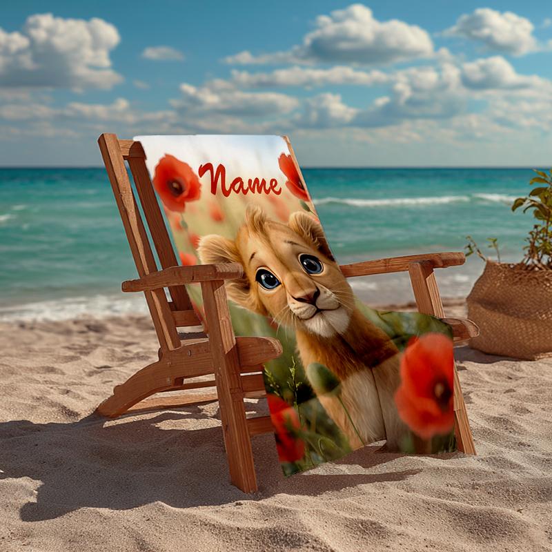 Custom Name Ultra-Soft Beach Towel with Lion Theme,Ideal for Pool - Camping, Diving - Perfect Travel Essential, Vibrant Beach Towel.
