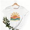 Vintage Distressed Retro Sunset Ocean Wave , White Boho Wanderlust Coastal Outdoor Casual Relaxed Fit 70s Retro Nature Landscape Graphic Tee