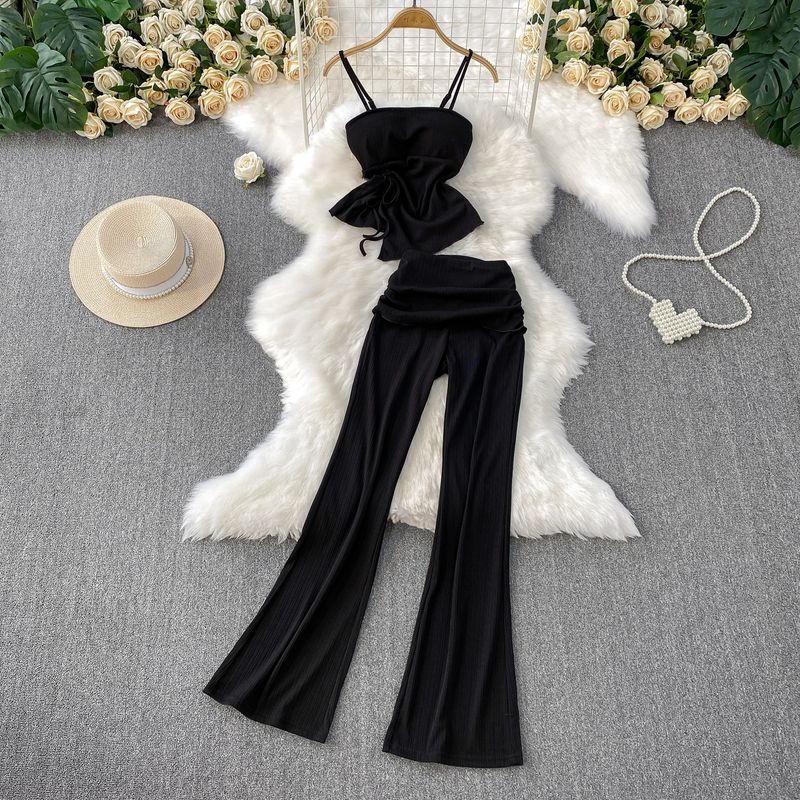 

Casual Set Women 2025 Summer New Pleating Short Cami + High Waist Slimming Trumpet pants Two-piece Set Black All yards