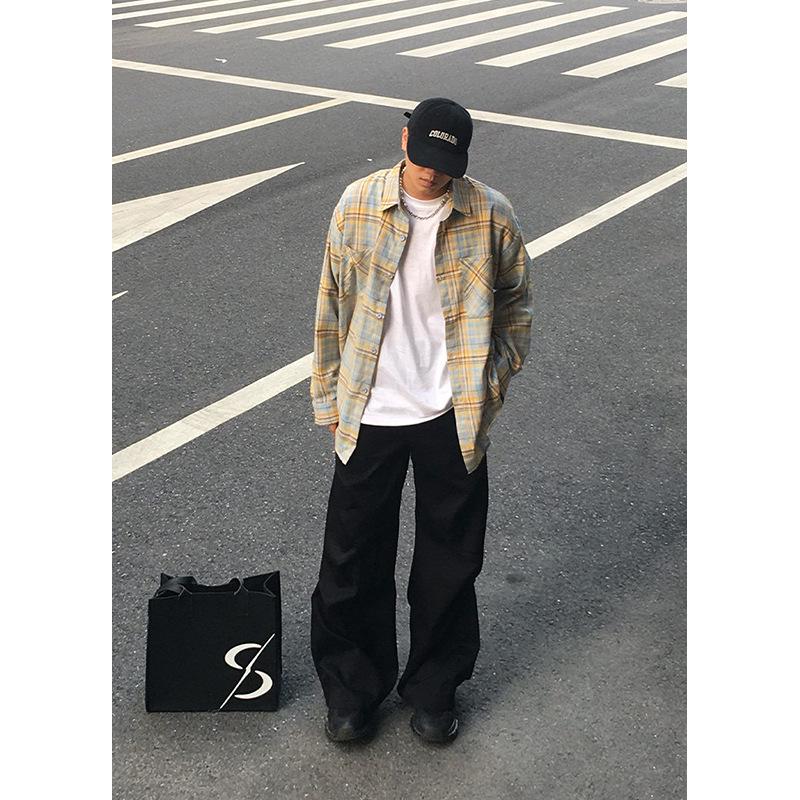 

Мужская рубашка в синюю клетку в американском ретро-стиле 2025 года - Высококачественная, свободного кроя для весны/осени M