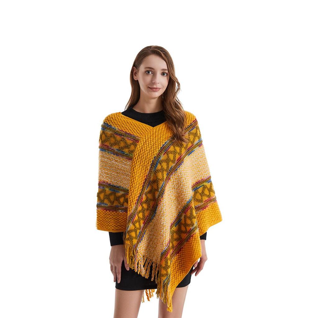 2022 Autumn/Winter Women's V-Neck Rainbow Tassel Cape Sweater