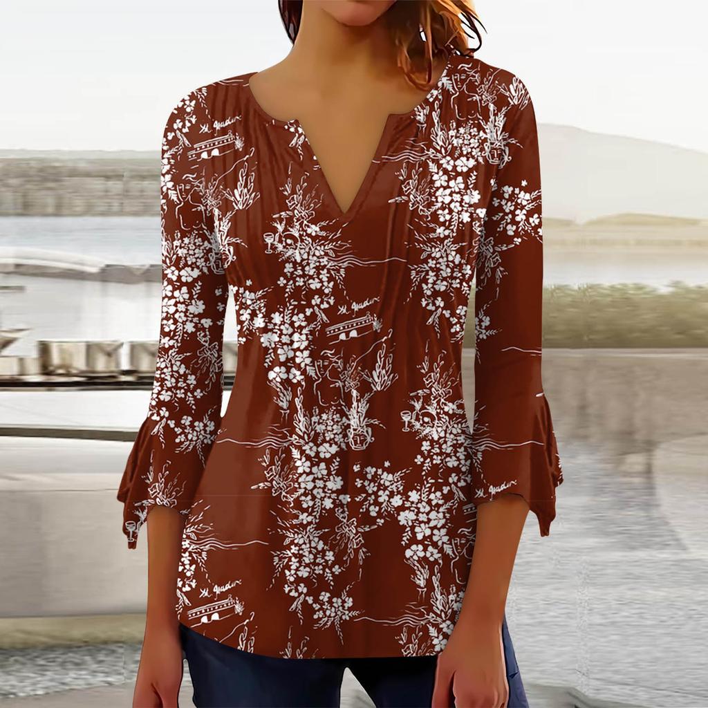 Summer Autumn A Line Slim Black White Floral T Shirt Women Loose Elegant 3/4 Sleeve Printed Tops Ladies Clothing