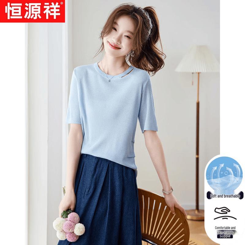 Hengyuanxiang Women s Summer Solid Round Neck Short Sleeve Top XL