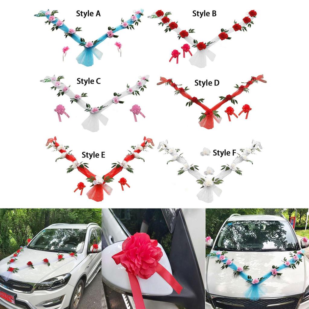 Wedding Car Front Artificial Flowers Ornament Decor Wreath Ribbons Rose Flower
