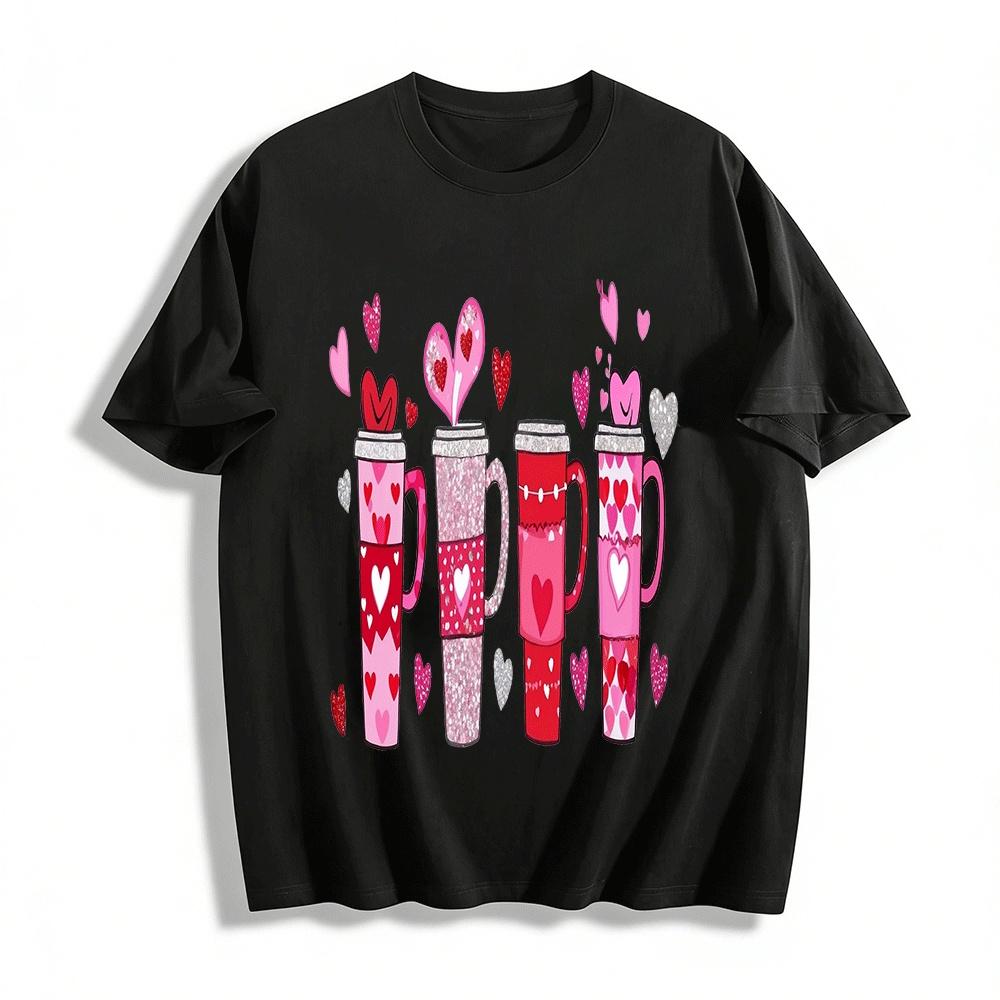 

Valentine s Day Heart Coffee Cup Print Casual Top Pure cotton T-shirt XXS