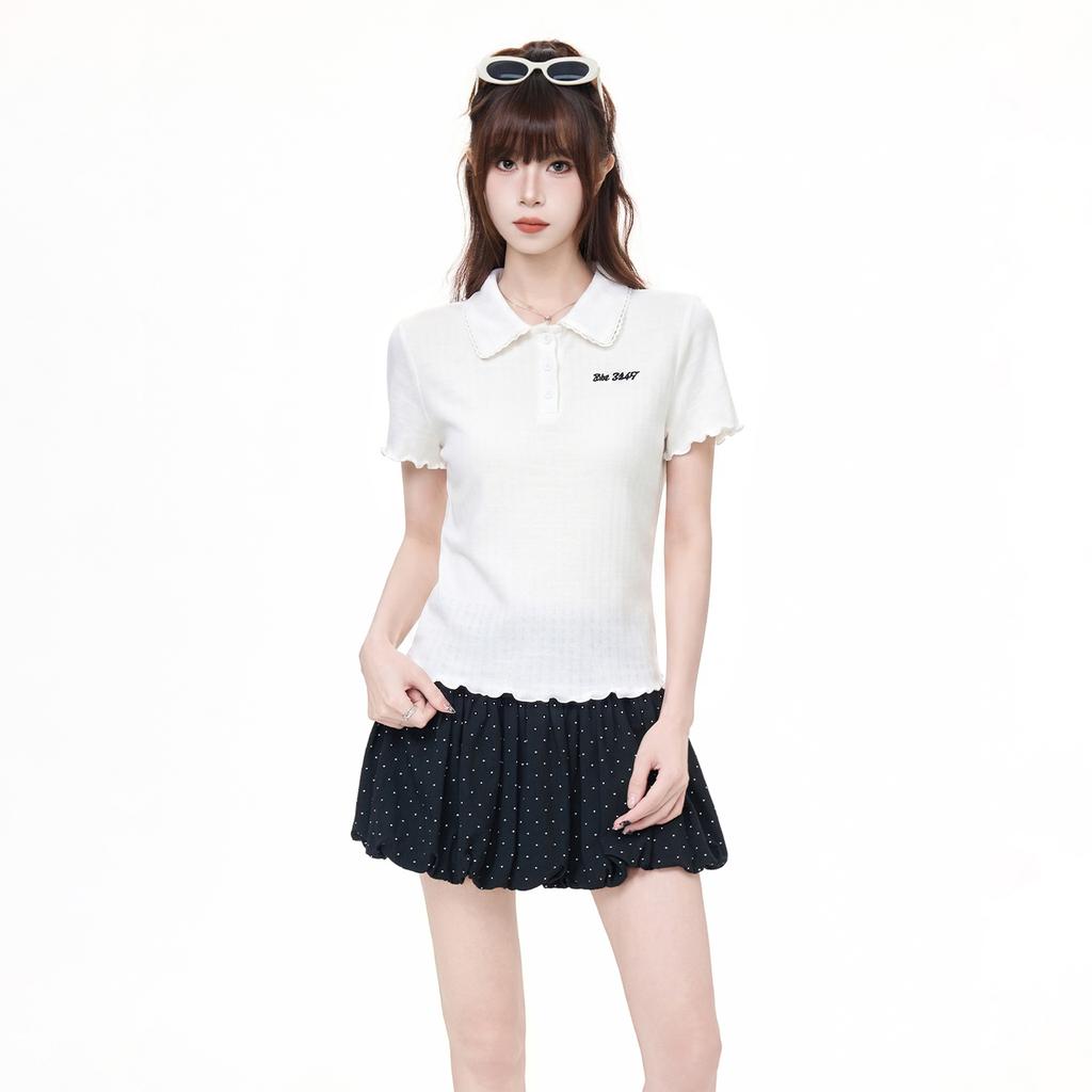 Korean White Polo Collar Letter Embroidered Short-sleeved T-shirt Summer Fungus Edge Unique Design Top Women