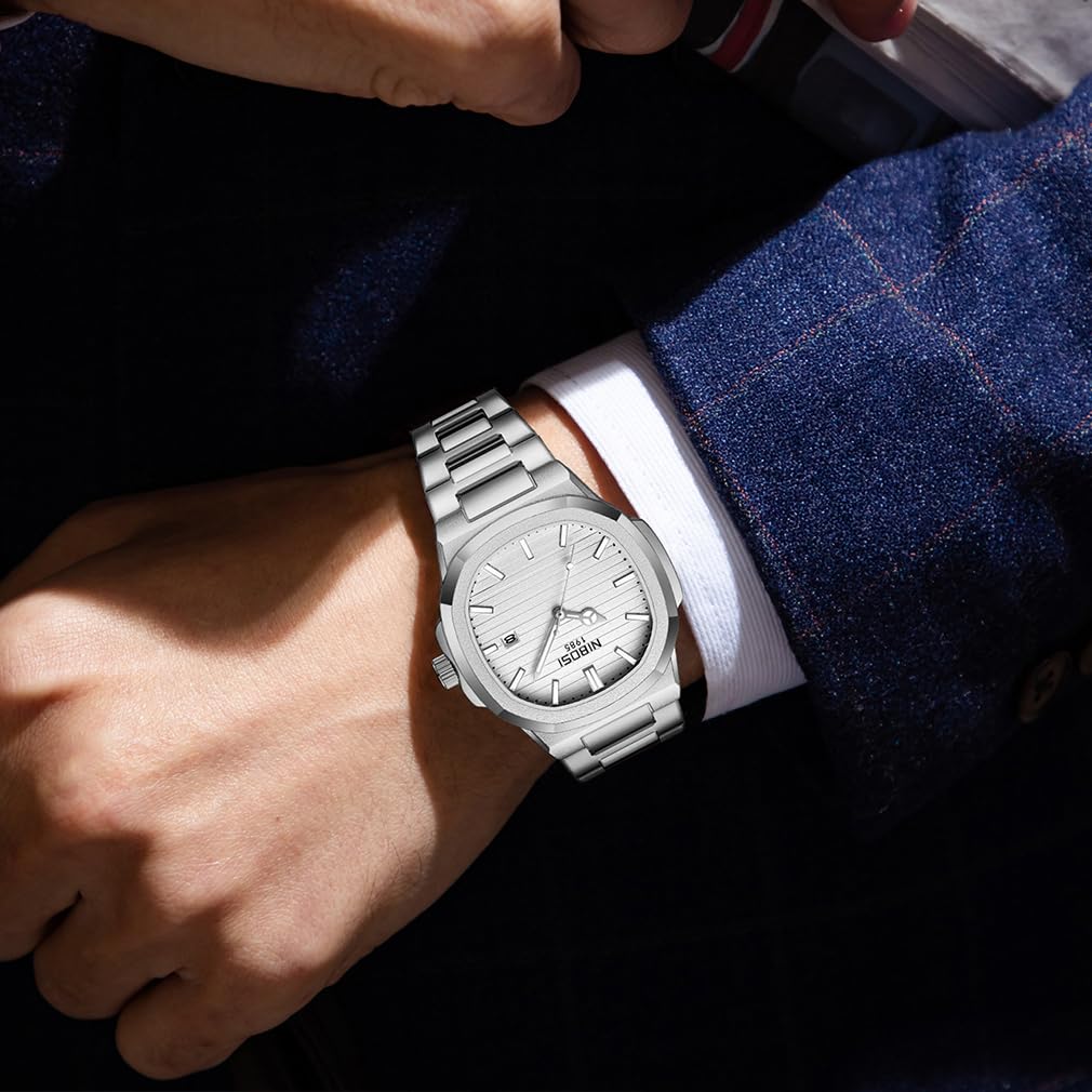 NIBOSI Stainless Metal Wach for Men Men's Watch, Stylish, Business, Steel, Wristwatch, Gentleman, Waterproof, Analog, Band, Casual, Date, Fluorescent,