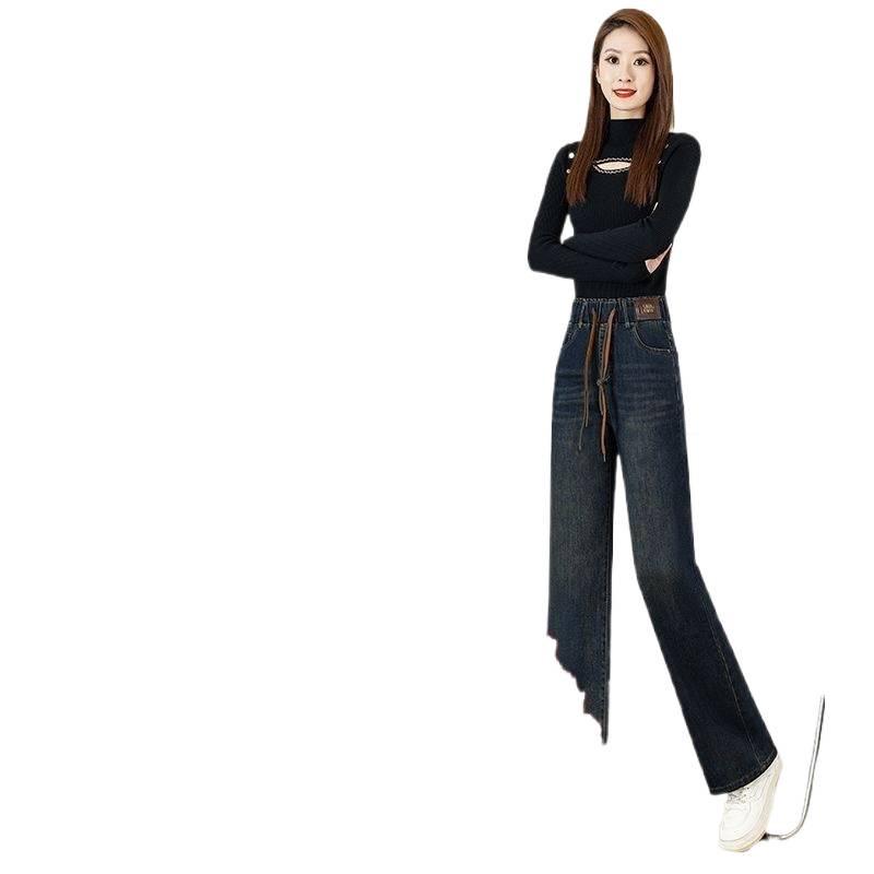 Women's Fleece-Lined Denim Wide-Leg Pants - Elastic Waist, Thickened Slimming Style for 2025 Autumn/Winter