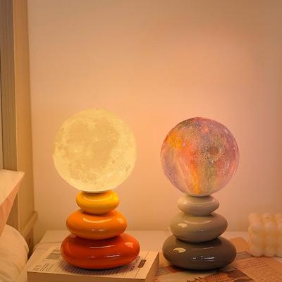 1Pc Ceramic Desk Lamp Cream Wind Premium Bedside Lamp Bedroom Sleep Planet Lamp Ambient Light Decorative Night Light Stacked Stone