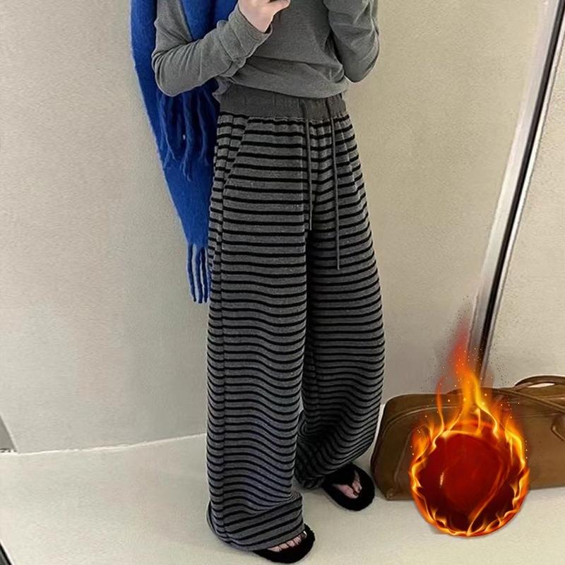 Harajuku Contrast Color Striped Women Wide Leg Pant Vintage Grunge Loose Knitted Pant Y2K Casual Lady Straight Trousers
