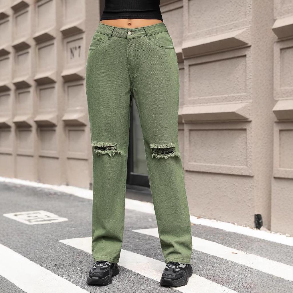 Women's European & American INS Ripped Casual Wide-Leg Straight Denim Pants