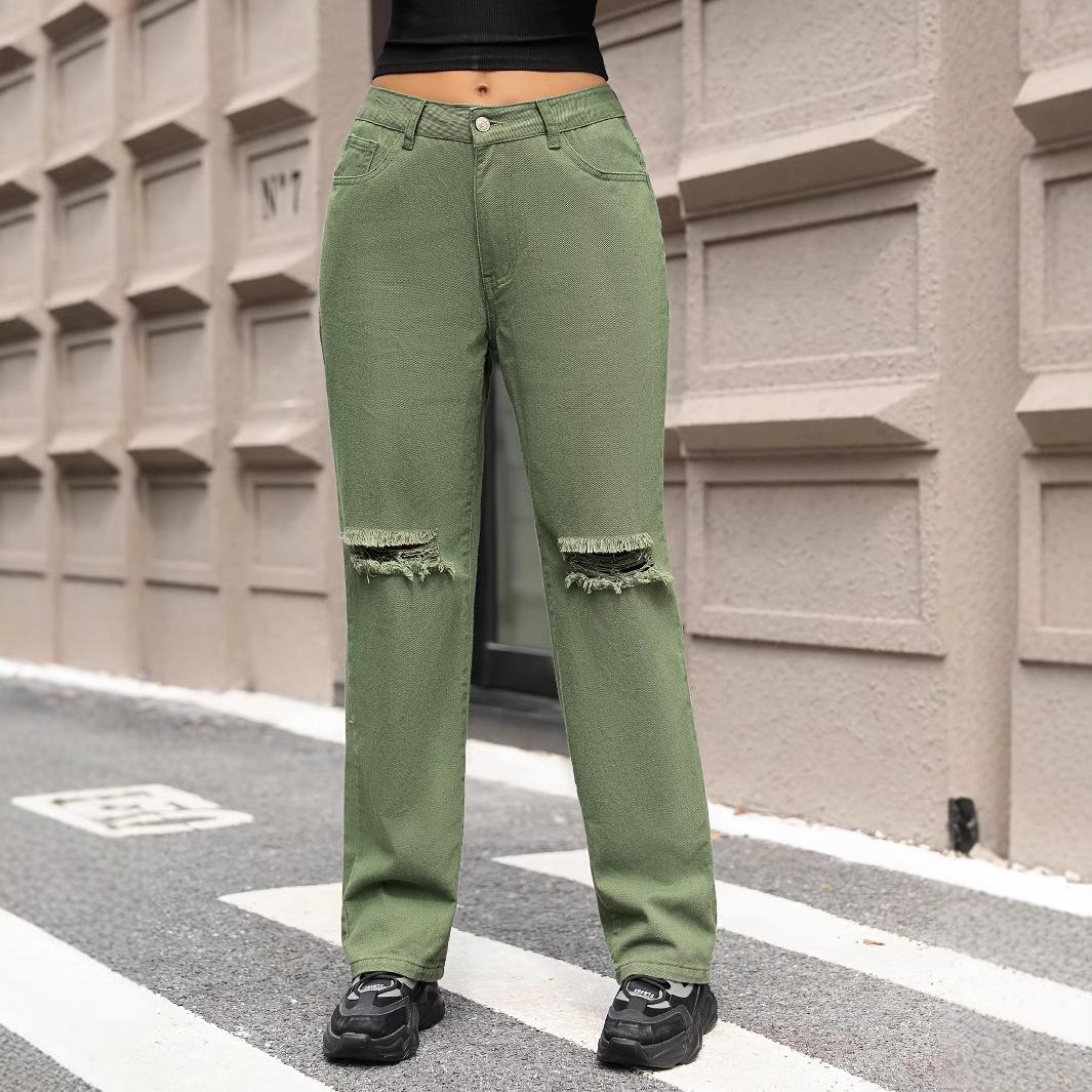 

Women s European & American INS Ripped Casual Wide-Leg Straight Denim Pants M