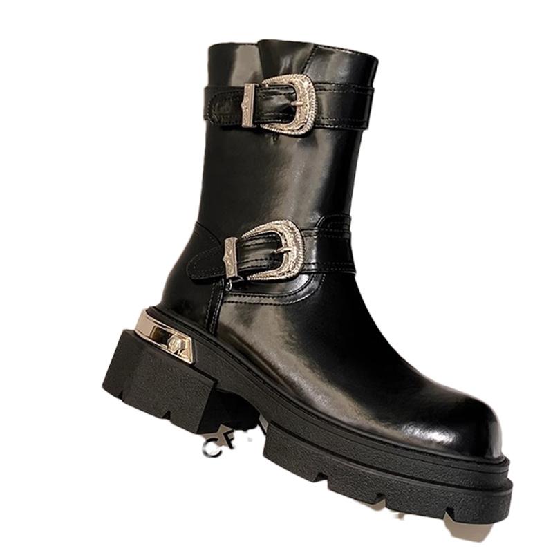 Women Platform Mid Calf Boots Fashion Leather Buckle Mid Heels Shoes 2025 Trend Winter New Brand Designer Pumps Botas De Mujer