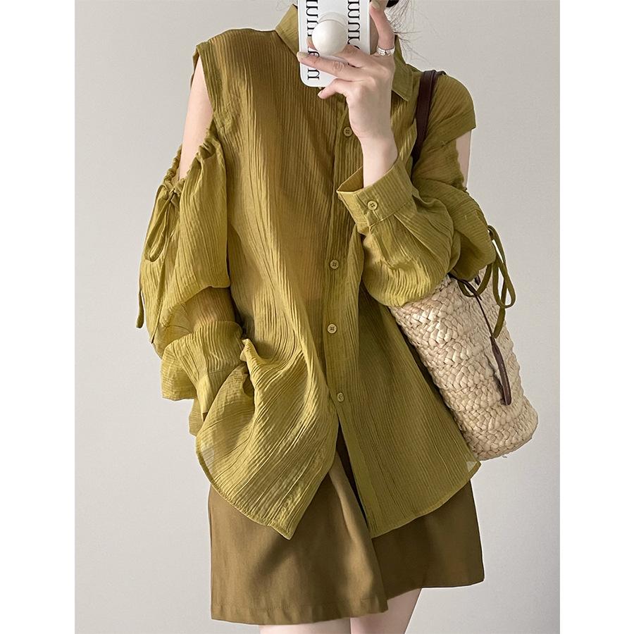 

Женская летняя блузка Ju Zhi 2025 с открытыми плечами, свободного кроя, для защиты от солнца 6183 Large горчичный/зелёный