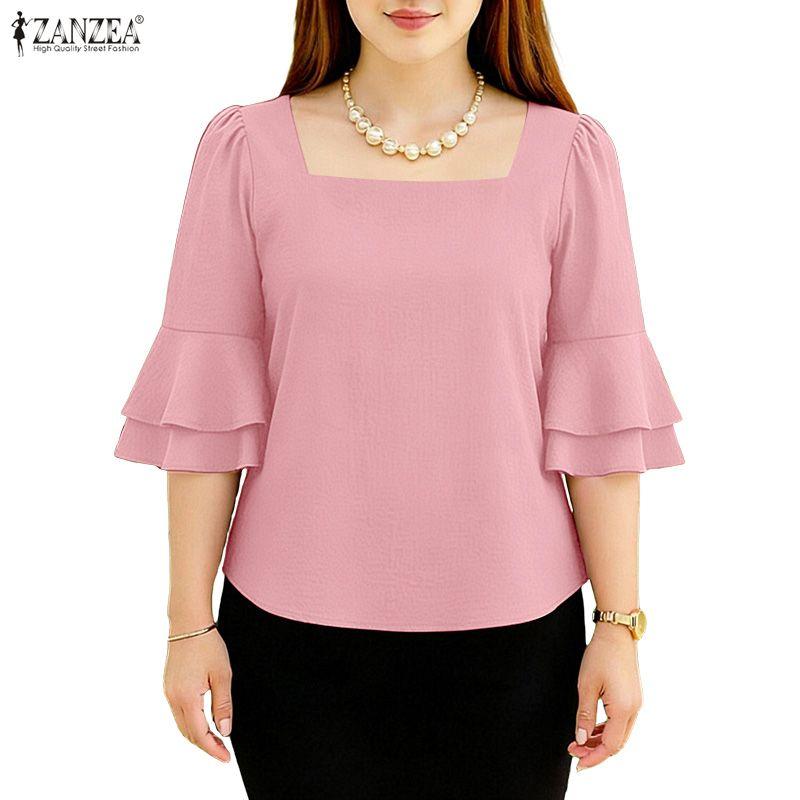 ZANZEA Blusa Elegante Casual da Donna con Scollo Quadrato, Maniche a Svasatura Ampie e Vestibilità Larga